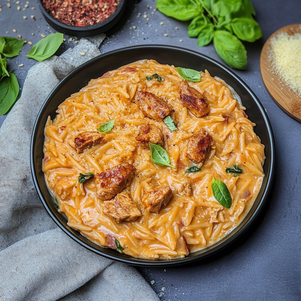 Recipe preparation for Creamy Chicken Chorizo Orzo
