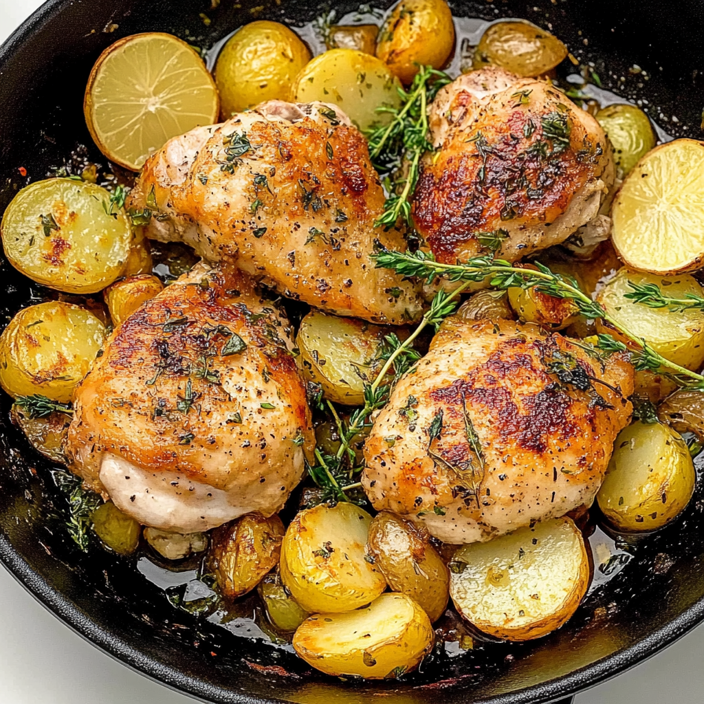 Recipe preparation for Creamy Lemon Chicken and Potatoes Skillet