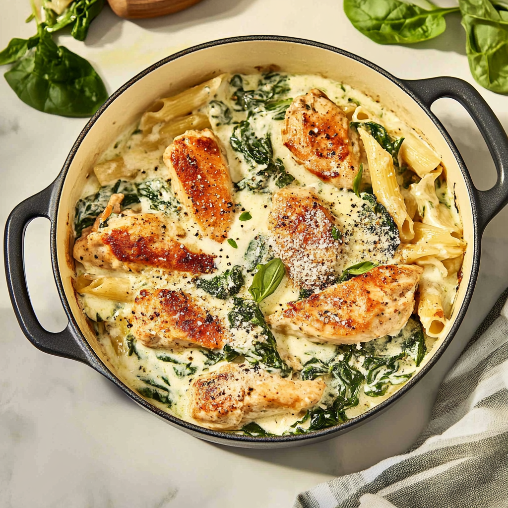 Recipe preparation for Creamy Spinach and Artichoke Chicken Pasta