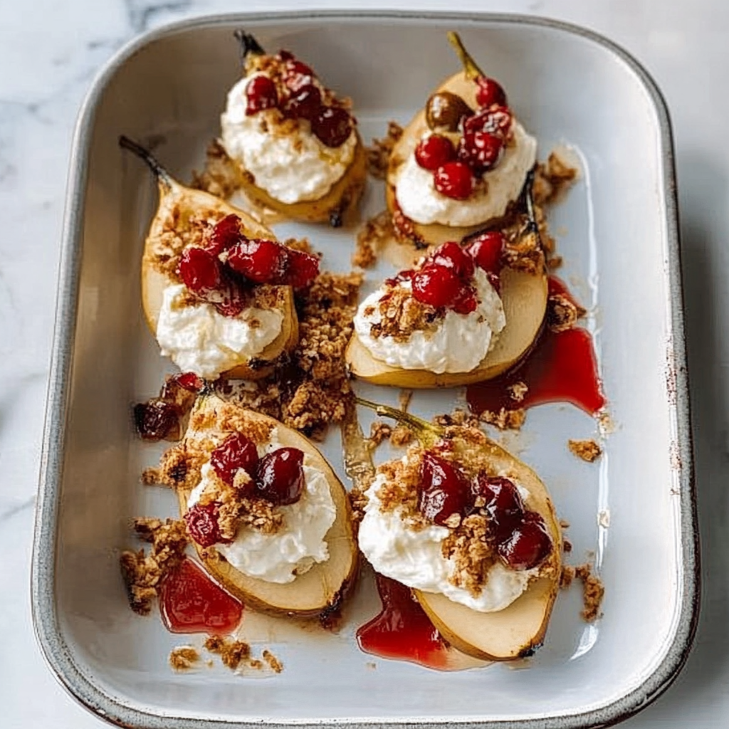 Recipe preparation for Baked Pears with Goat Cheese, Honey, and Cranberries