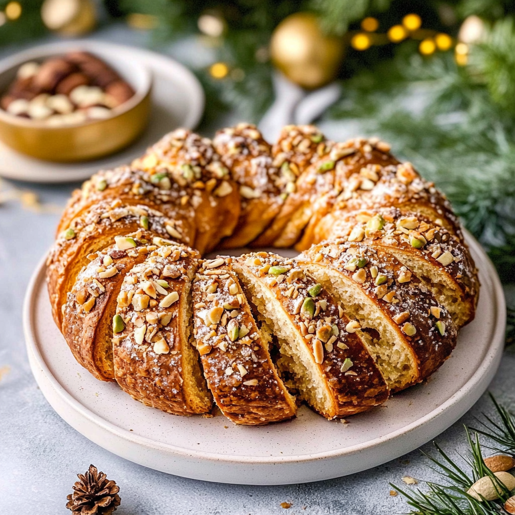 Recipe preparation for Pistachio Almond Sweet Bread Wreath