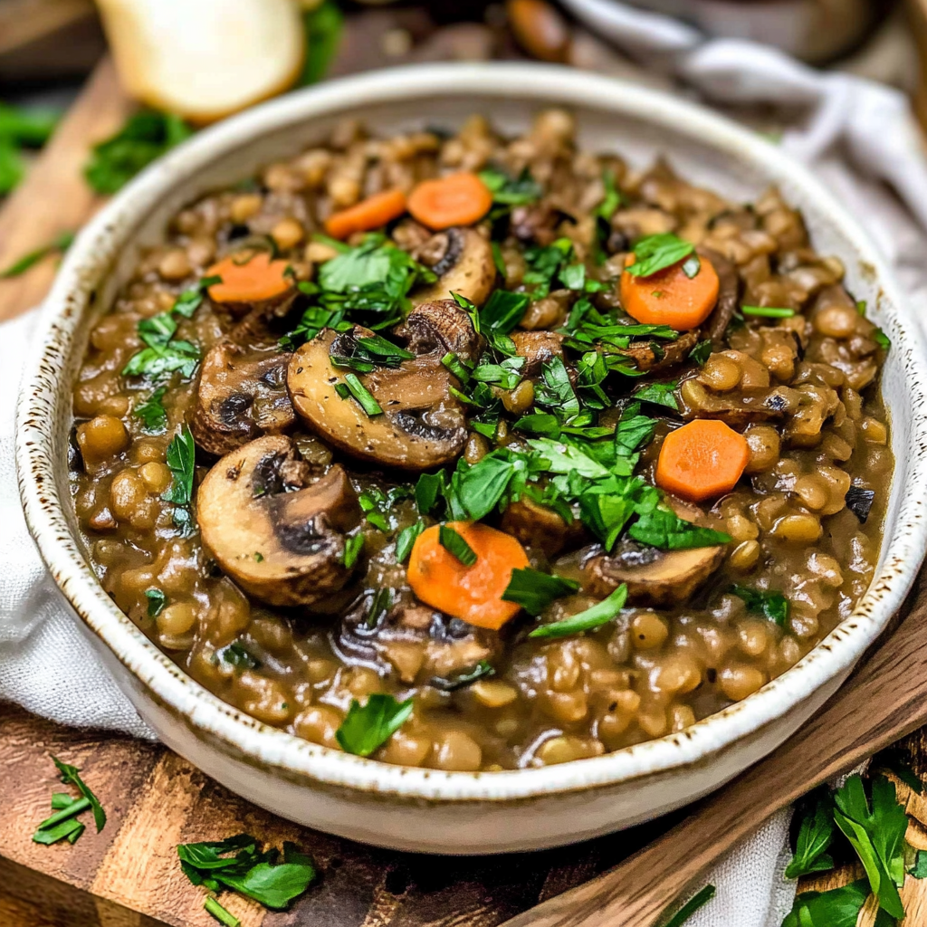 Recipe preparation for French Lentil Rice Mushroom Stew