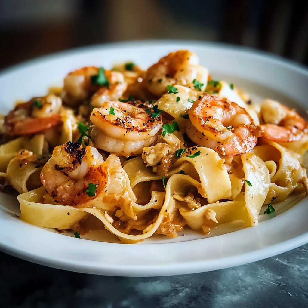 Recipe preparation for Shrimp and Roasted Garlic Pappardelle