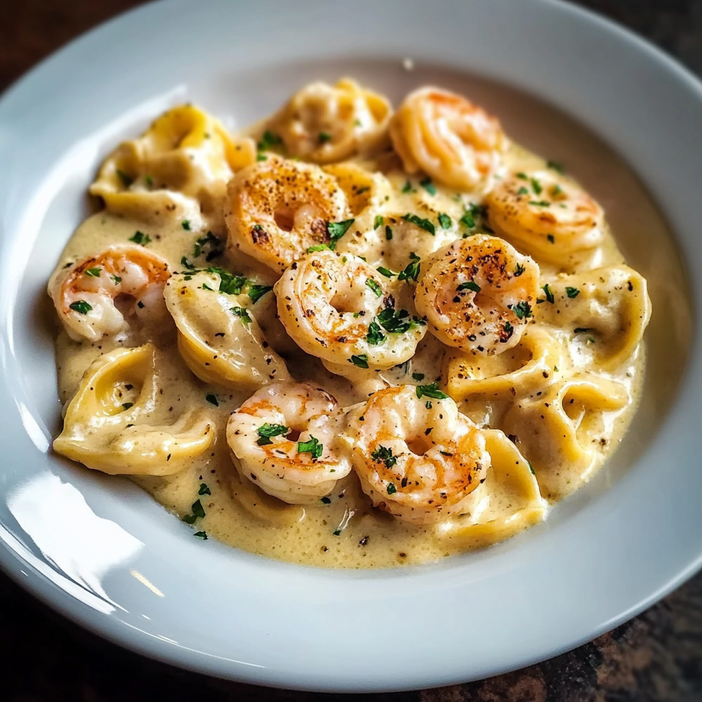 Recipe preparation for Creamy Shrimp and Roasted Garlic Alfredo Tortellini