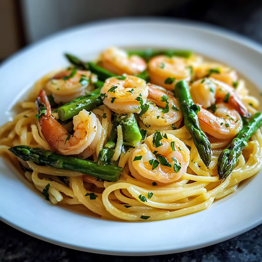Recipe preparation for Shrimp and Asparagus Lemon Pasta