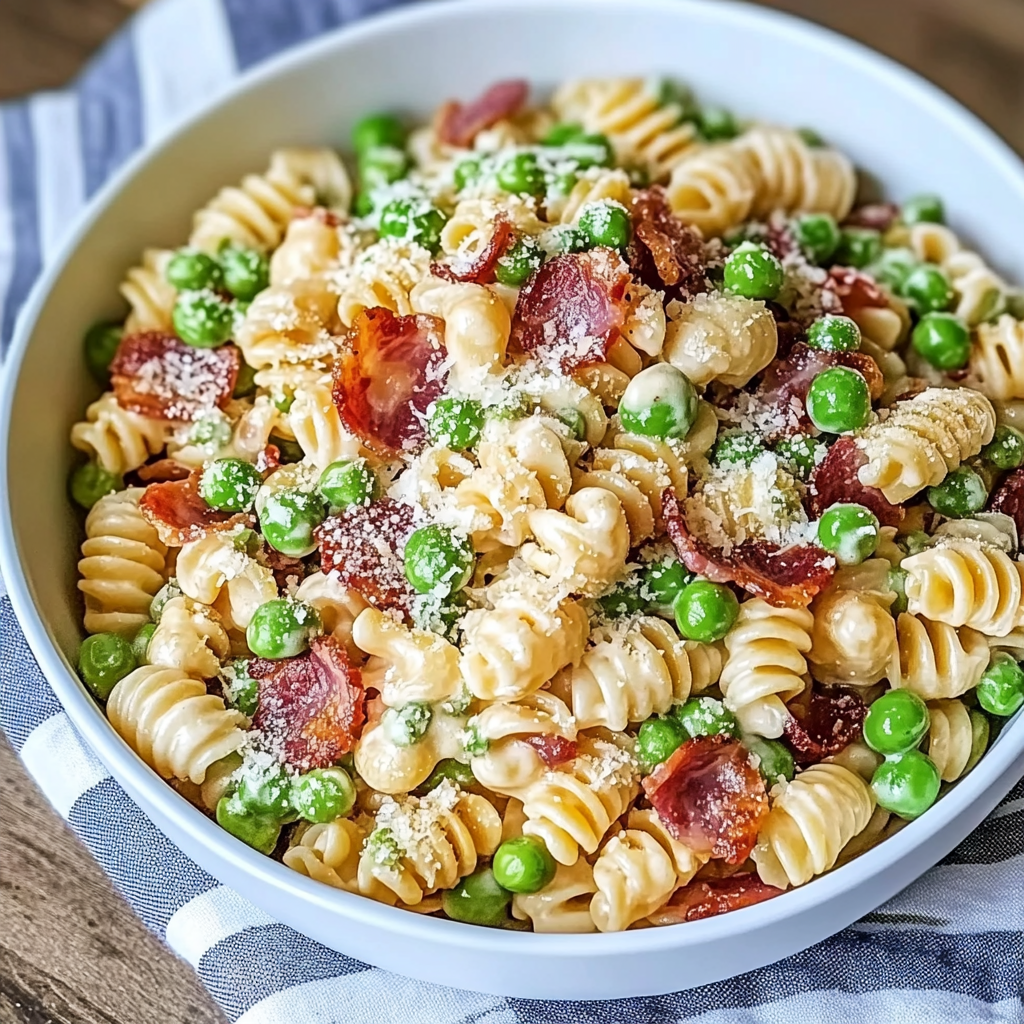 Recipe preparation for Creamy Pasta Salad with Bacon and Peas