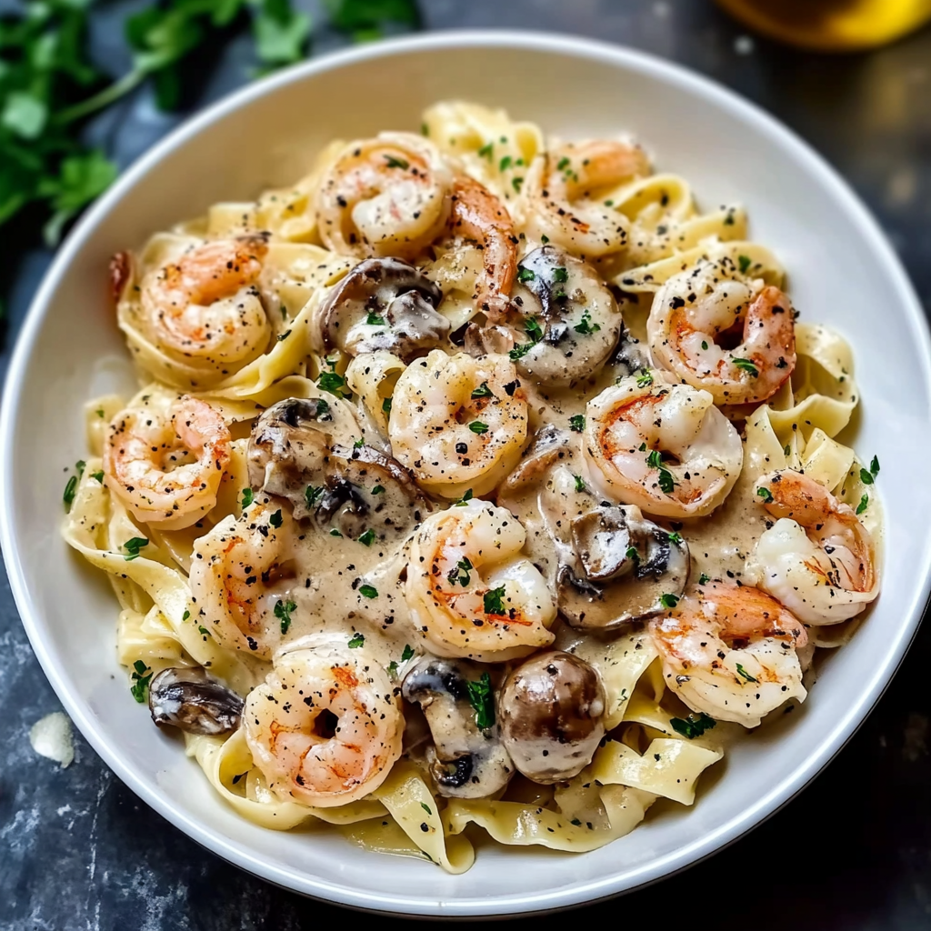 Recipe preparation for 30-Minute Shrimp and Creamy Mushroom Tagliatelle