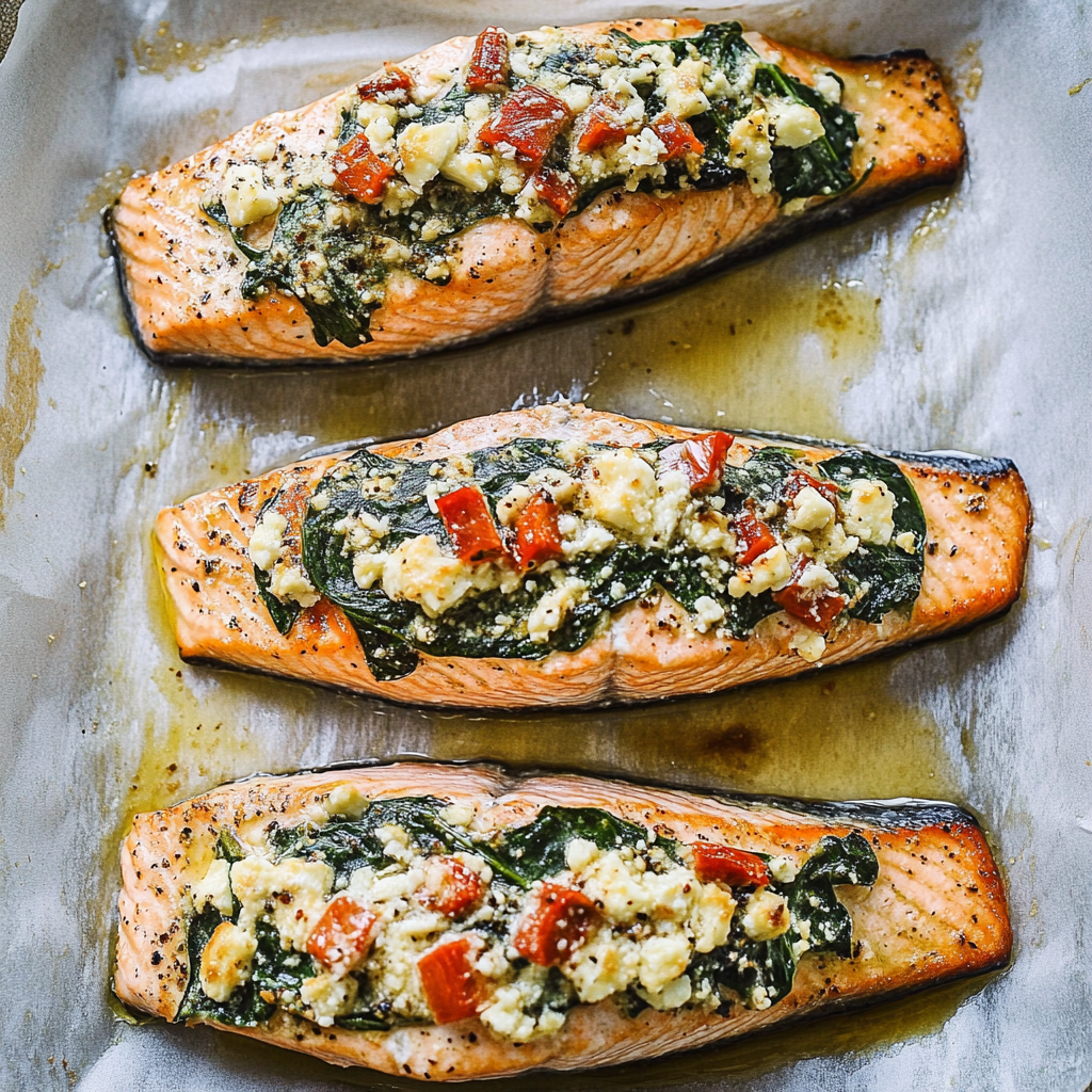 Recipe preparation for Stuffed Salmon With Spinach & Feta