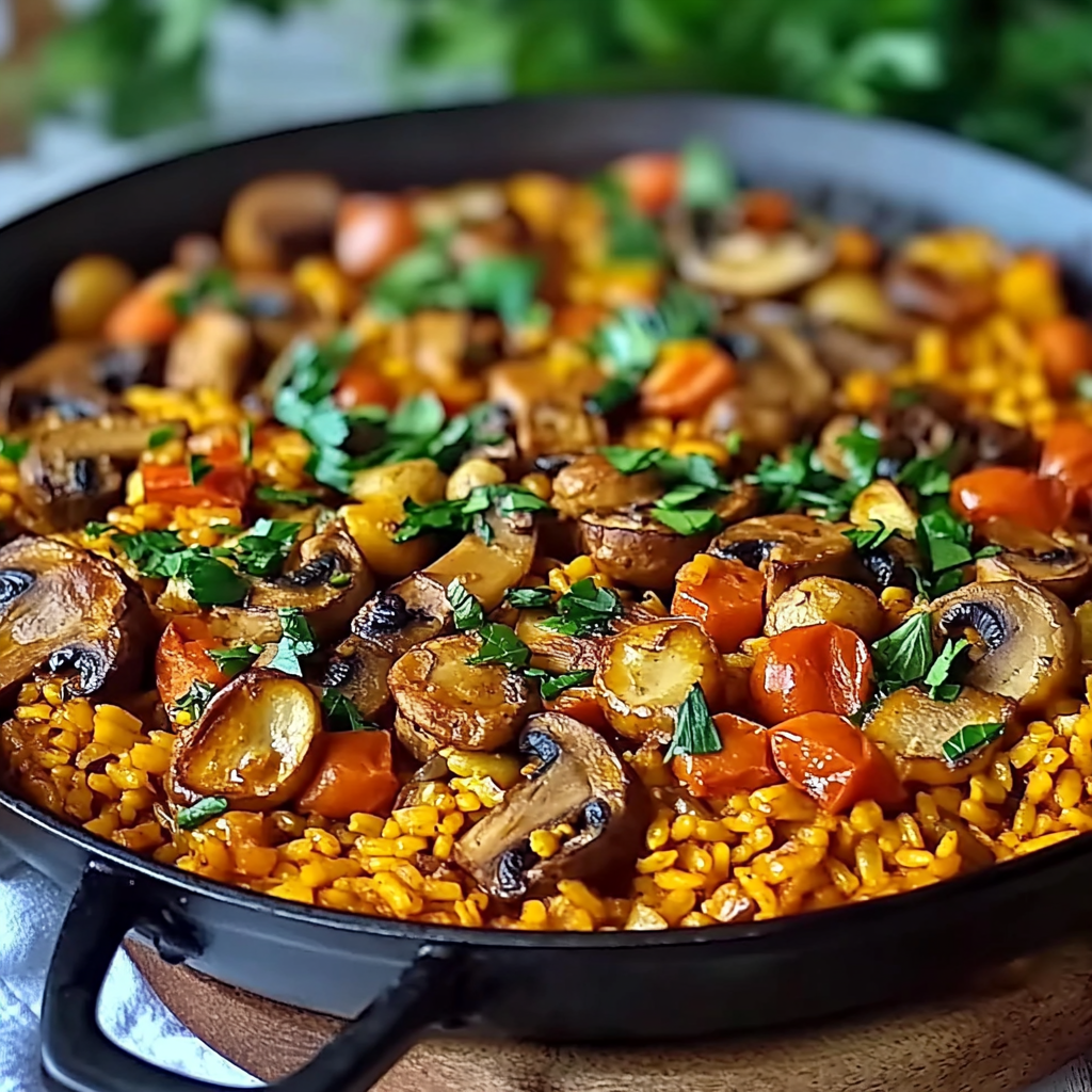 Recipe preparation for Vegan Paella with Mixed Mushrooms