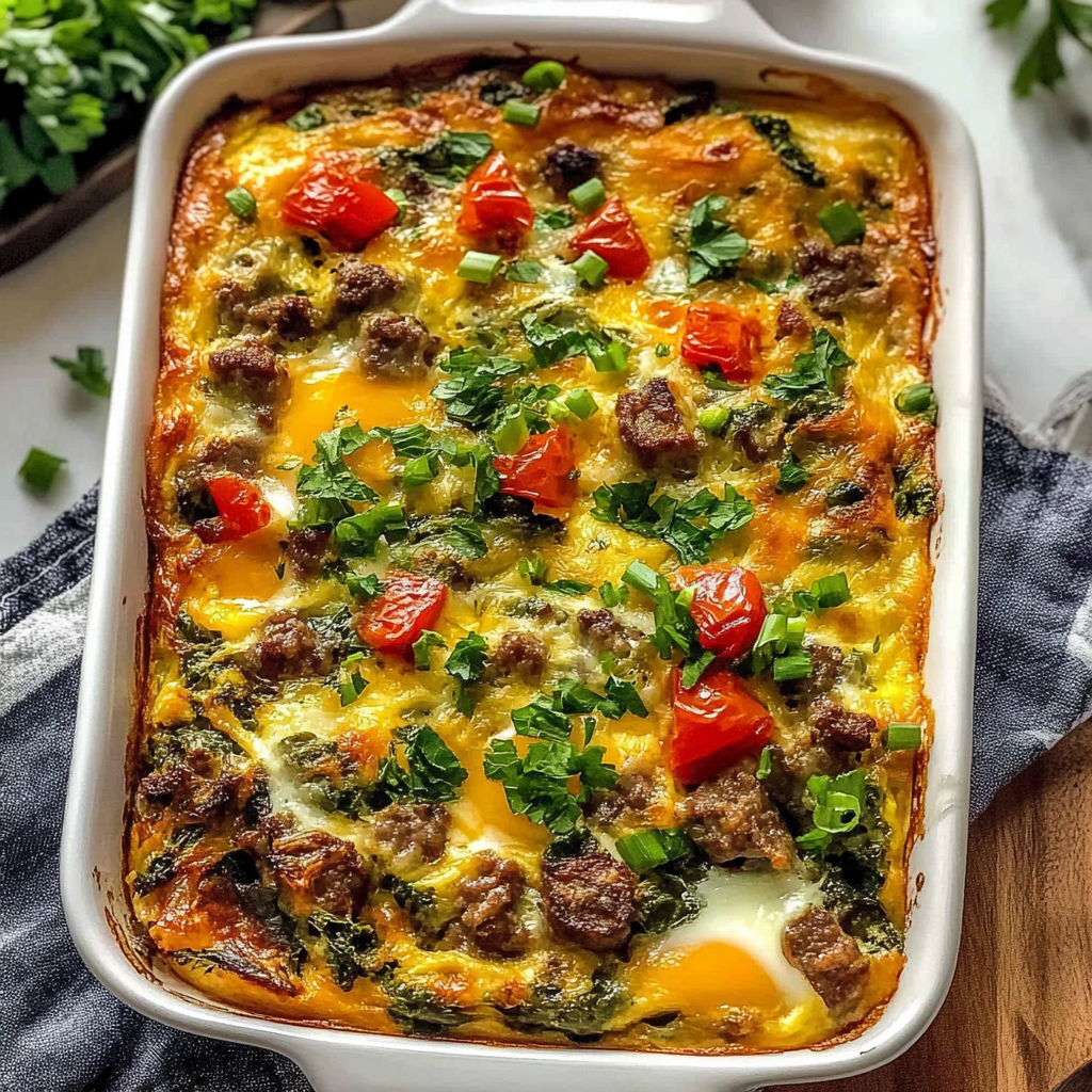 Recipe preparation for Breakfast Sausage Spinach Mushroom Egg Bake