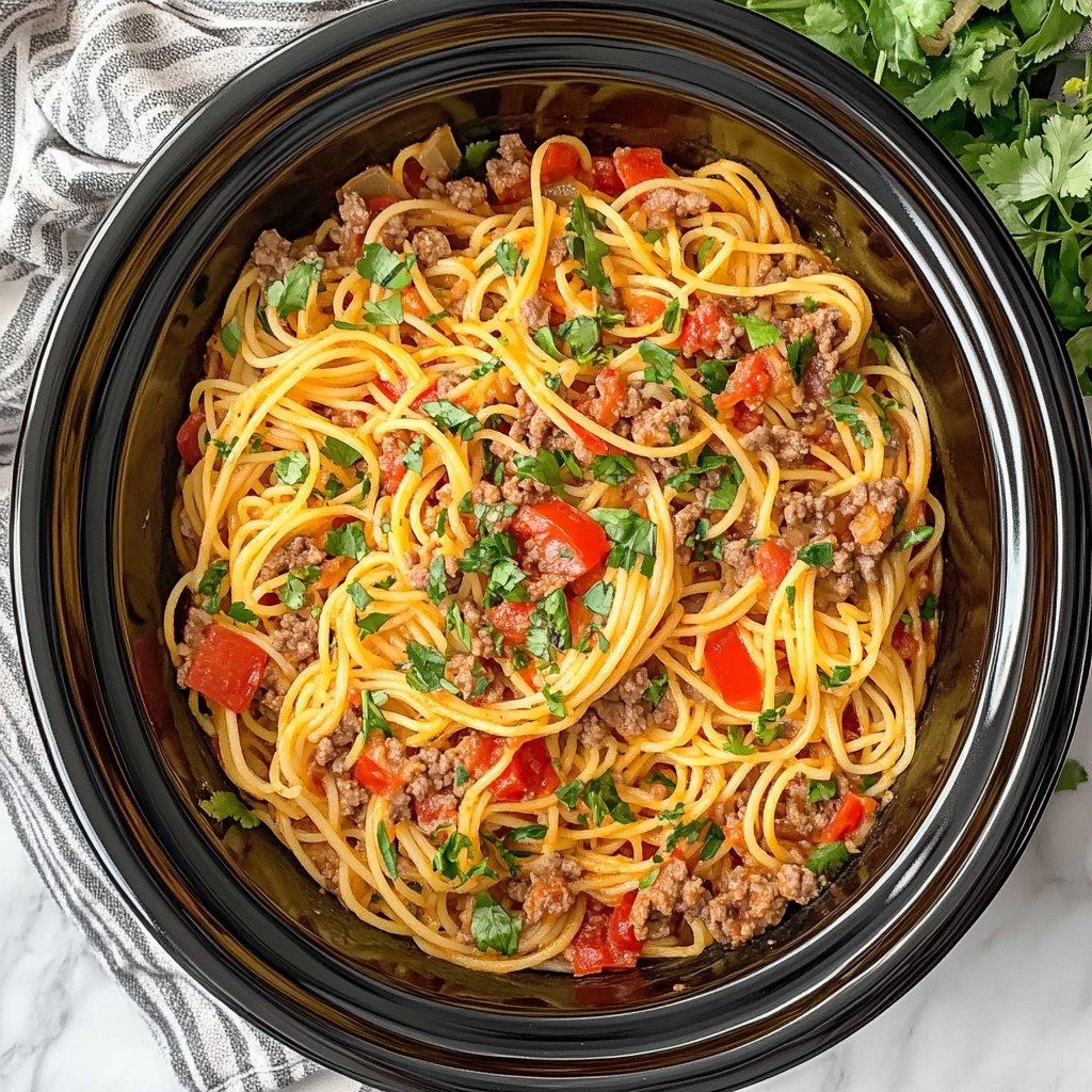Recipe preparation for Crockpot Taco Spaghetti