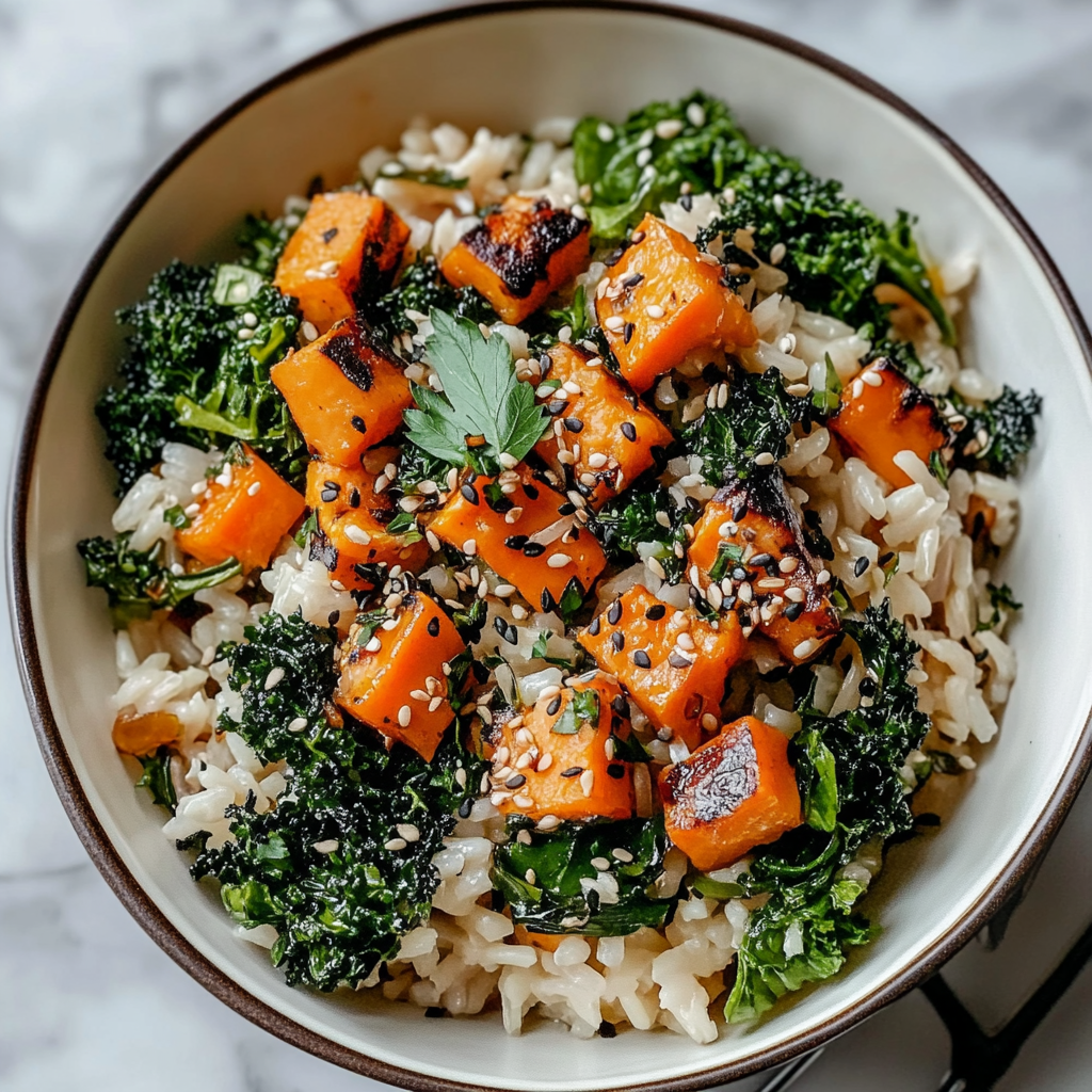 Recipe preparation for Kale & Sweet Potato Wild Rice Bowl