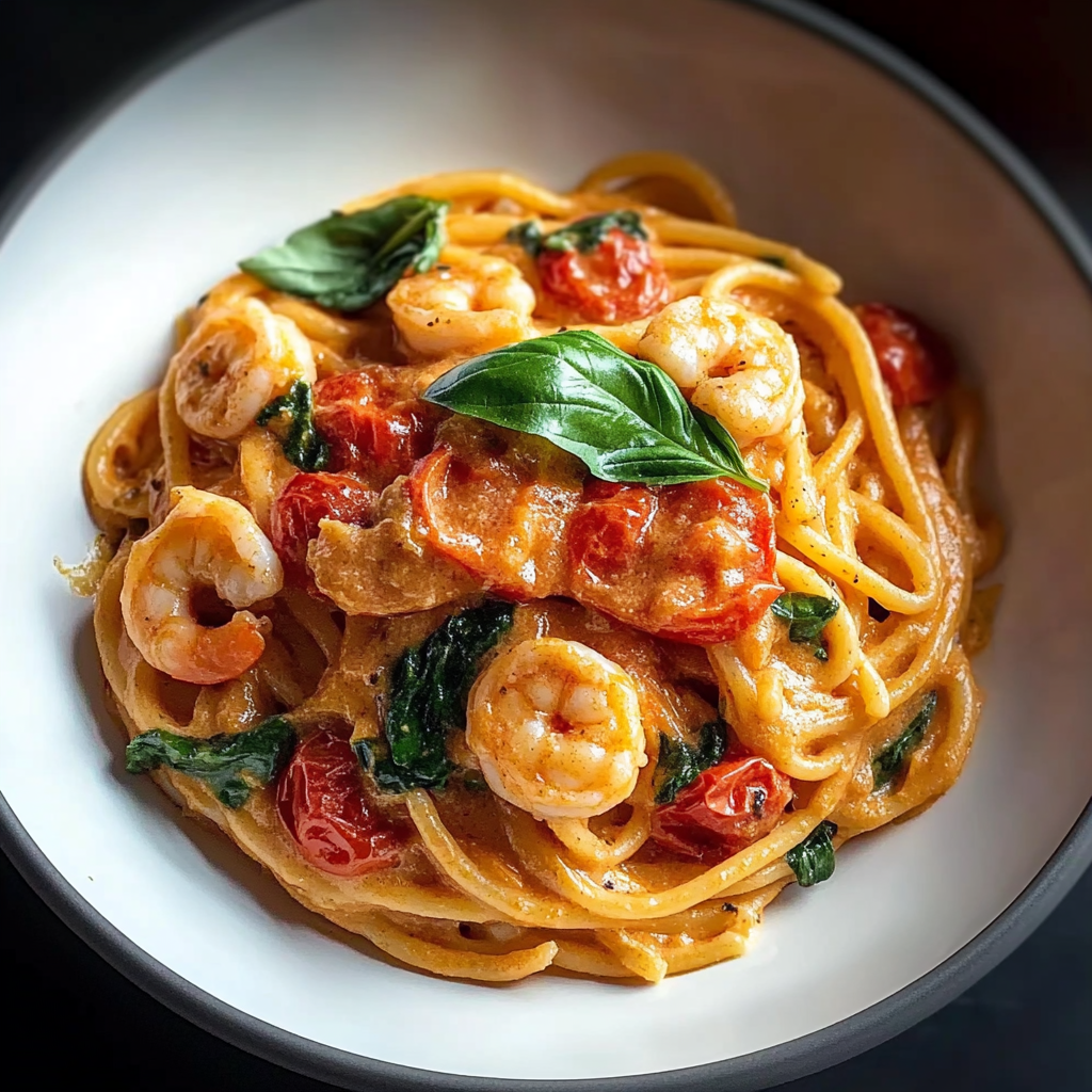 Recipe preparation for Shrimp and Creamy Tomato Basil Pasta