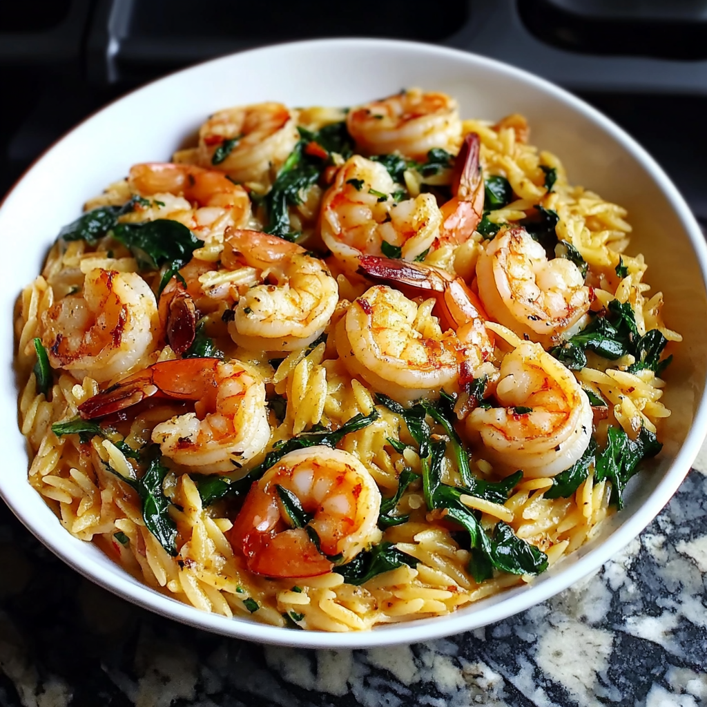 Recipe preparation for 25-Minute Shrimp and Spinach Orzo Skillet
