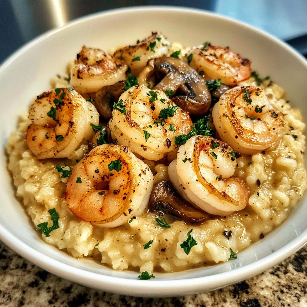 Recipe preparation for Creamy Shrimp and Mushroom Risotto