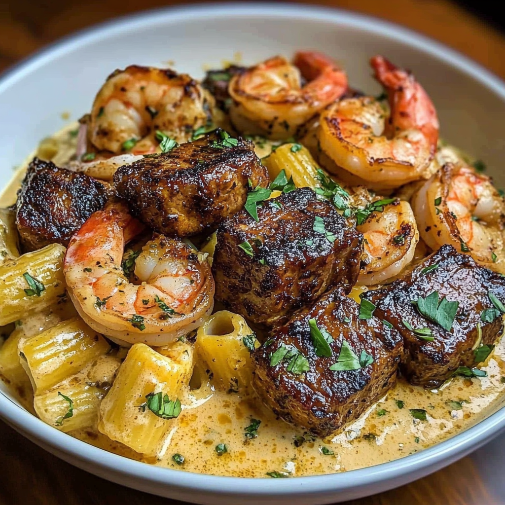 Recipe preparation for Blackened Steak Shrimp Alfredo