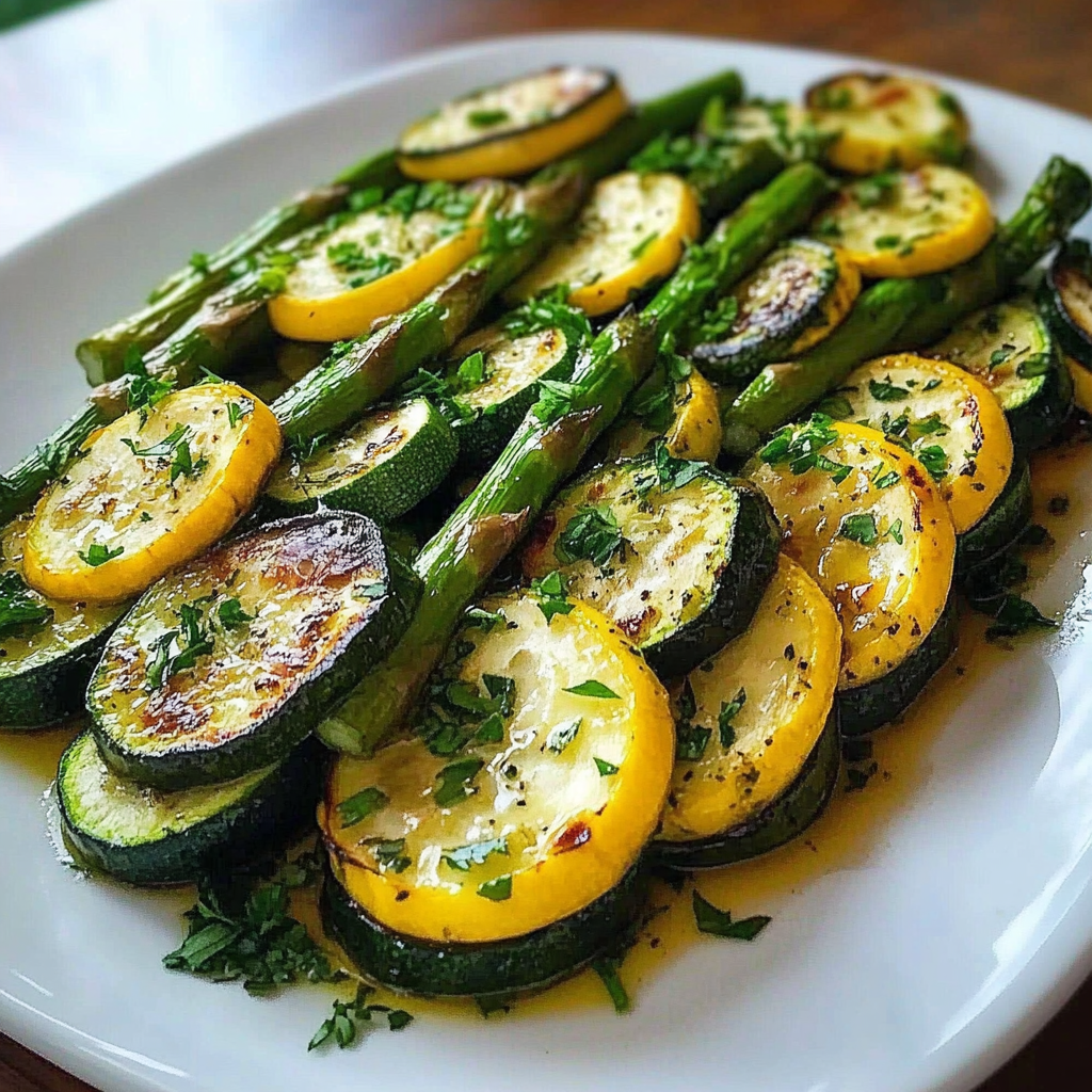 Recipe preparation for Garlic Roasted Asparagus Zucchini