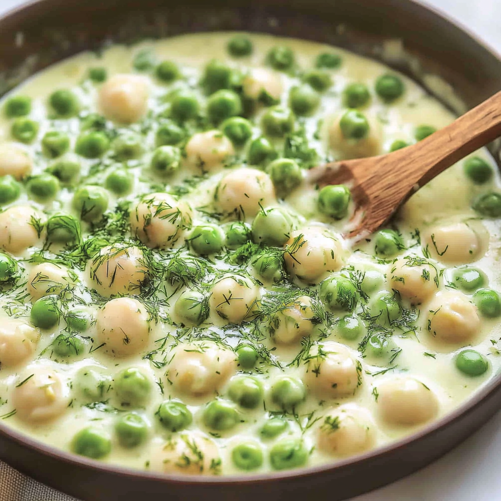 Recipe preparation for Creamed Peas with Dill