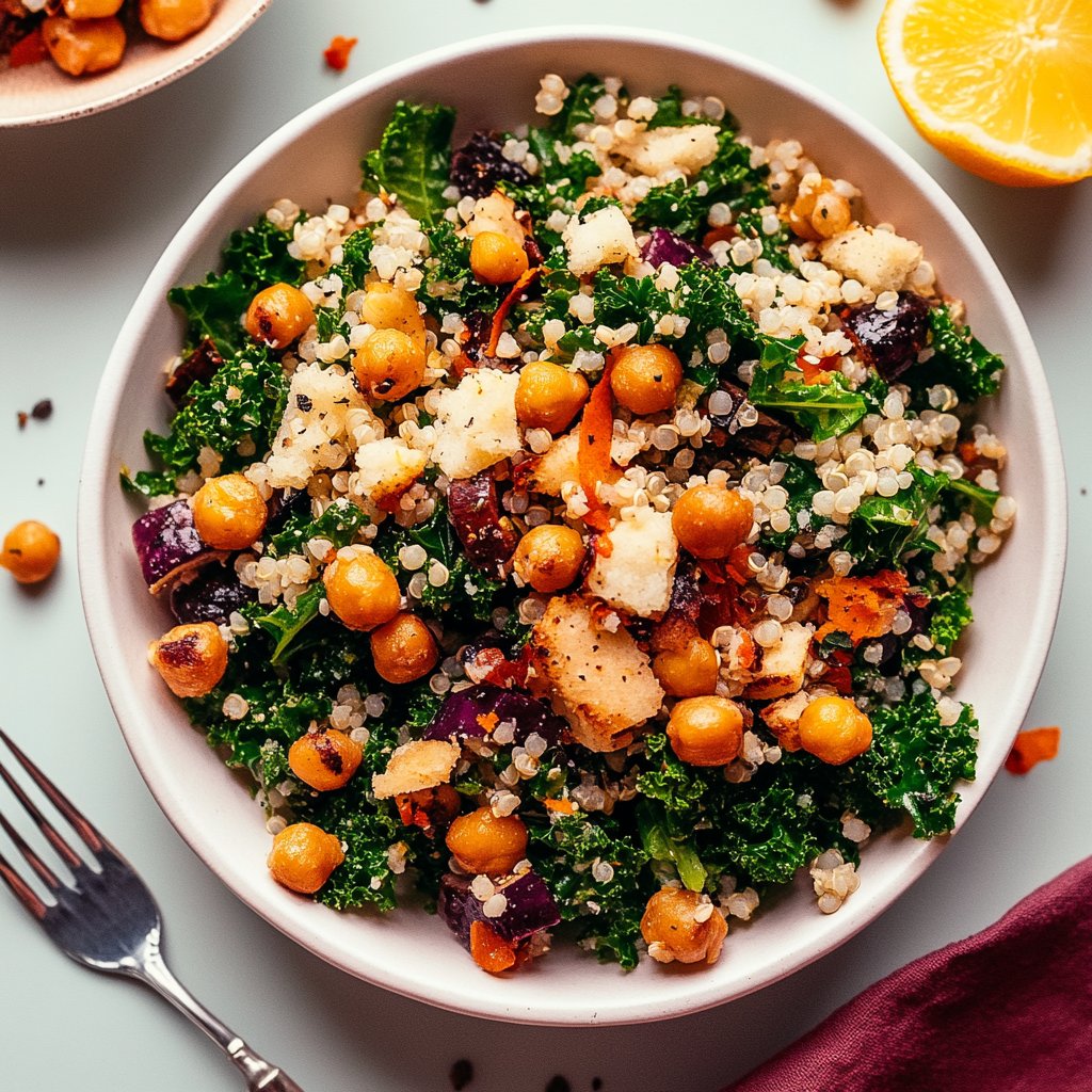 Recipe preparation for Lemony Quinoa Kale Salad with Crispy Chickpeas