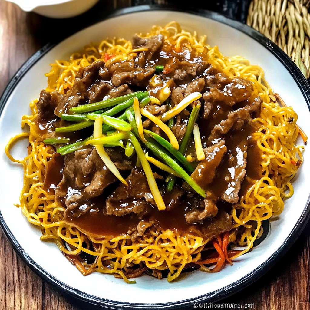Recipe preparation for Crispy Cantonese Beef Chow Mein