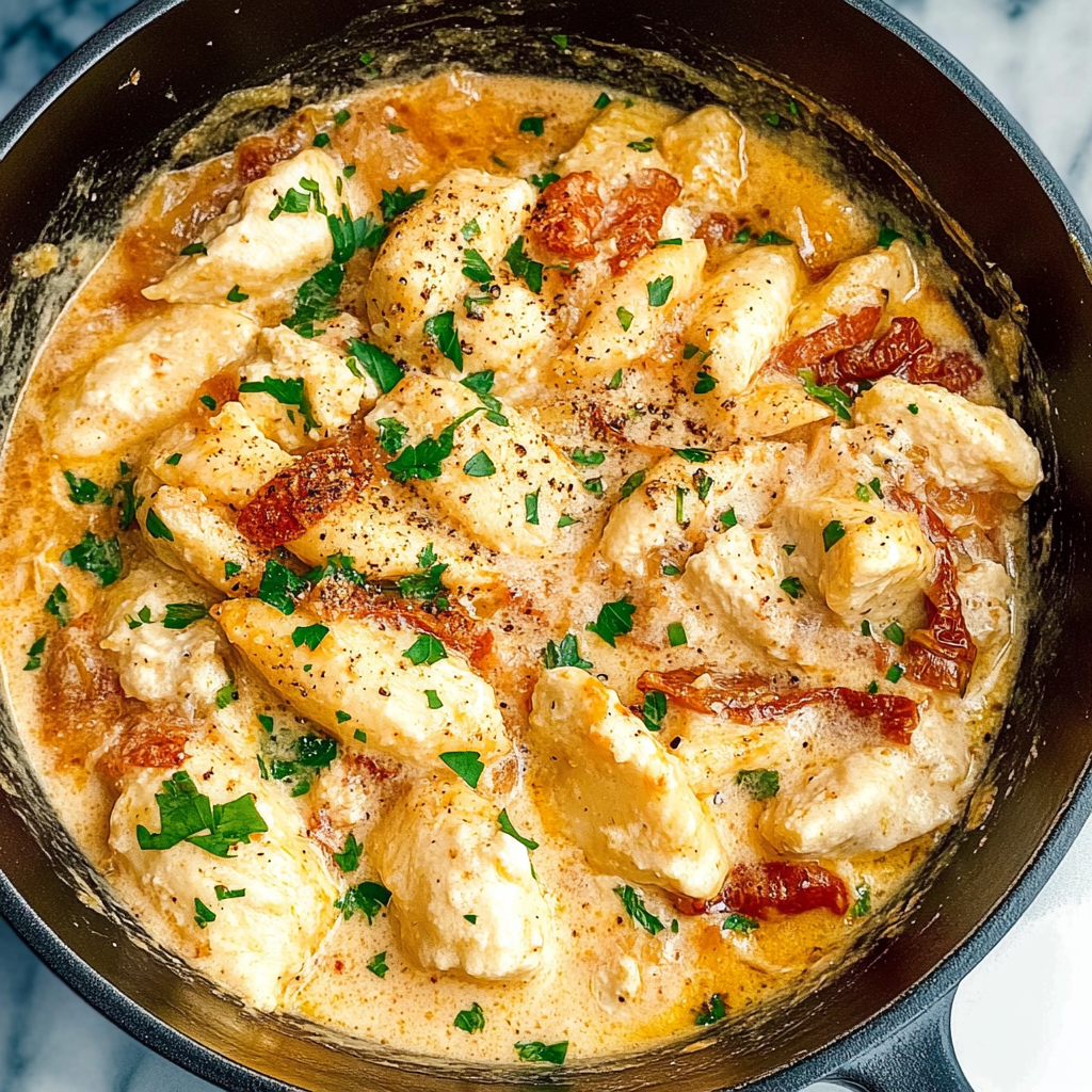 Recipe preparation for Creamy Sun-Dried Tomato Chicken Gnocchi Skillet
