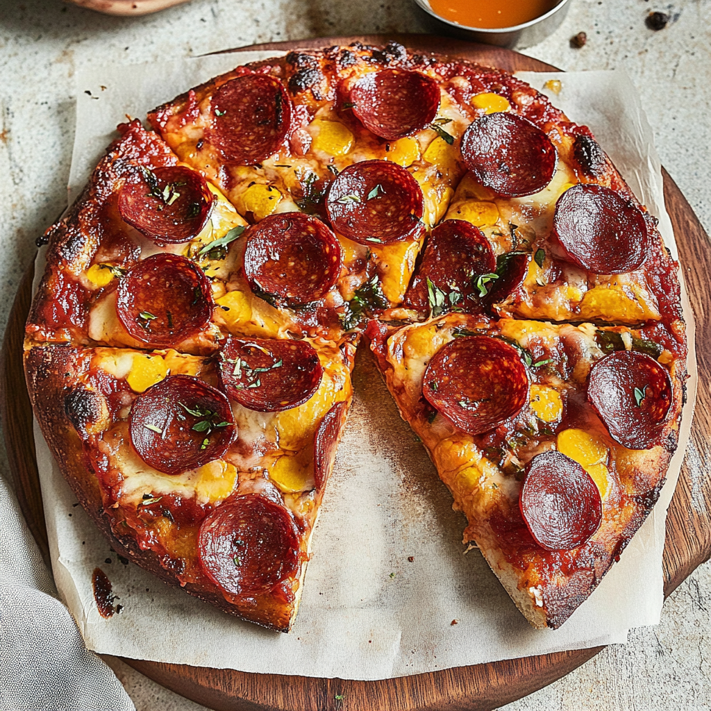 Recipe preparation for Spicy Pepperoni Pan Pizza