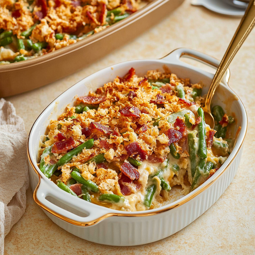 Recipe preparation for Cheesy Bacon Green Bean Casserole