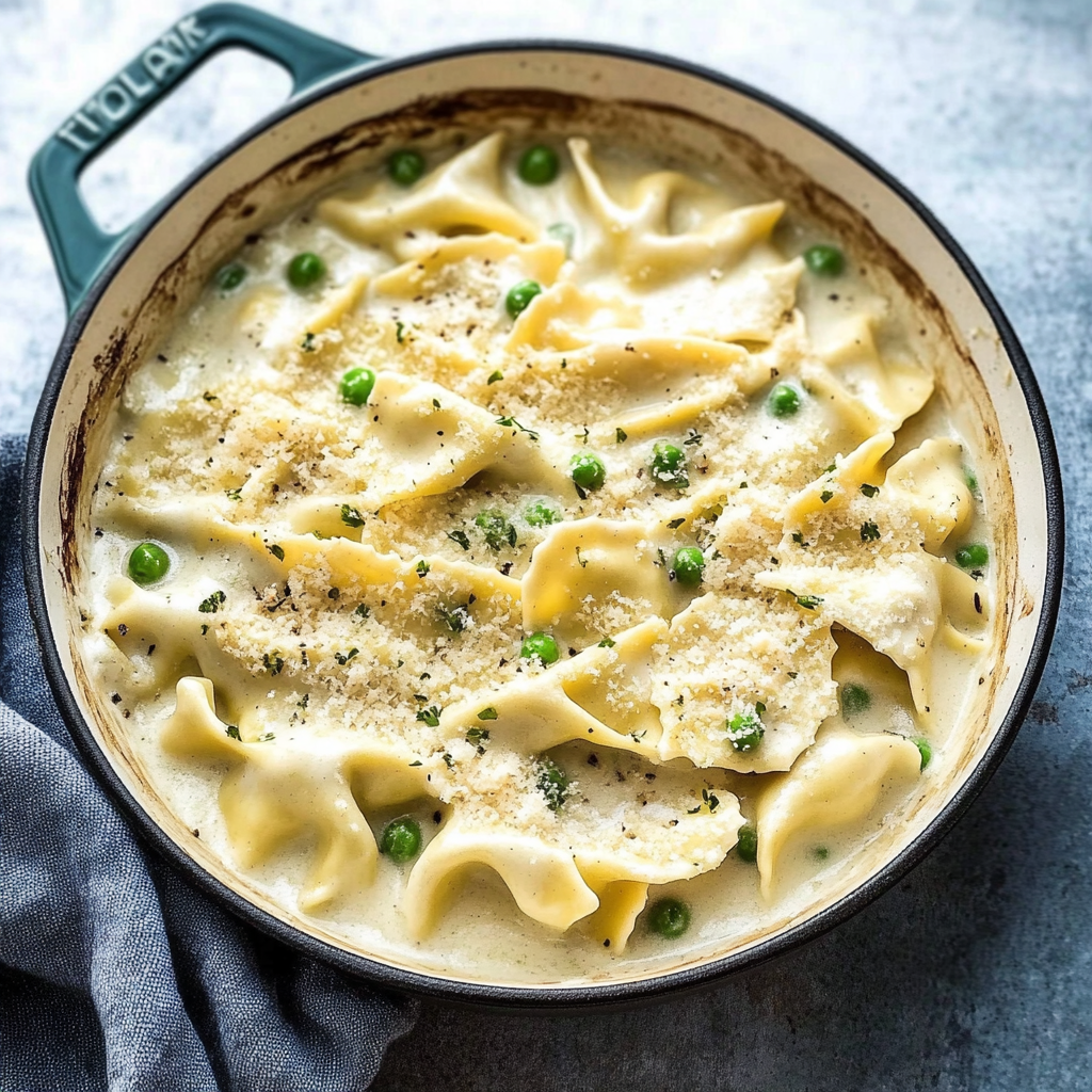 Recipe preparation for creamy tortellini alfredo with peas