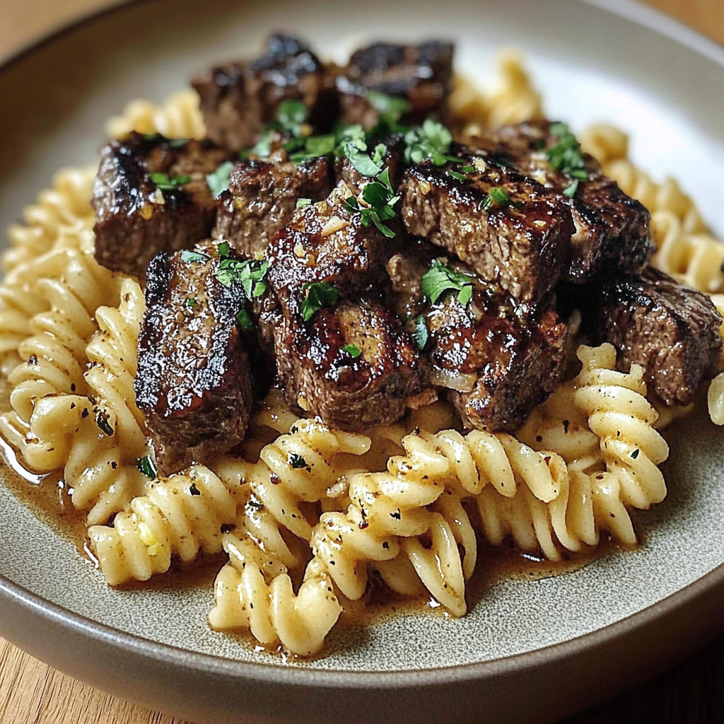 Recipe preparation for Garlic Butter Steak Pasta