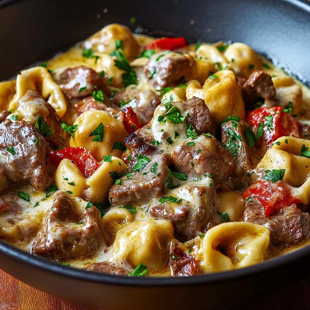 Recipe preparation for Creamy Cheesesteak Tortellini Delight