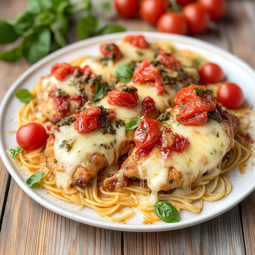 Recipe preparation for cheesy bruschetta chicken