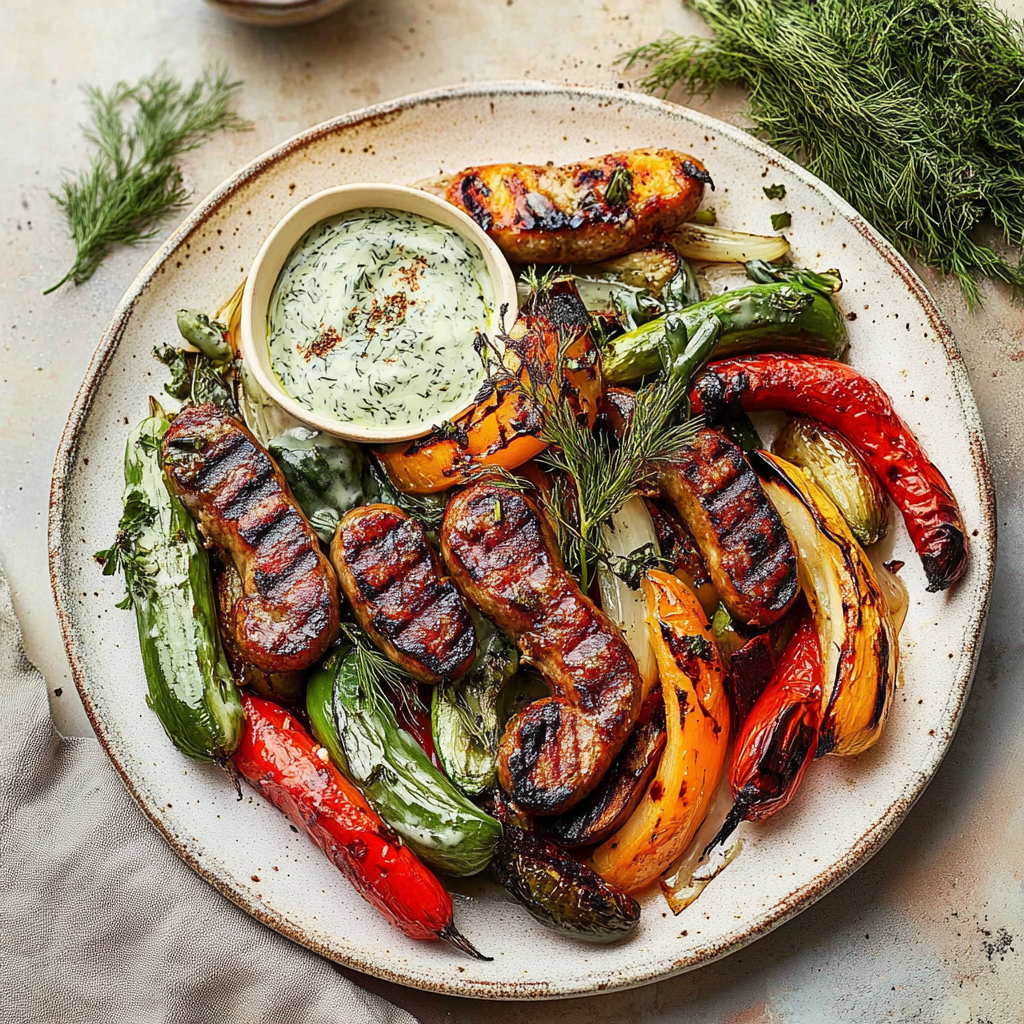 Recipe preparation for Grilled Sausage and Vegetables with Creamy Dill Dip