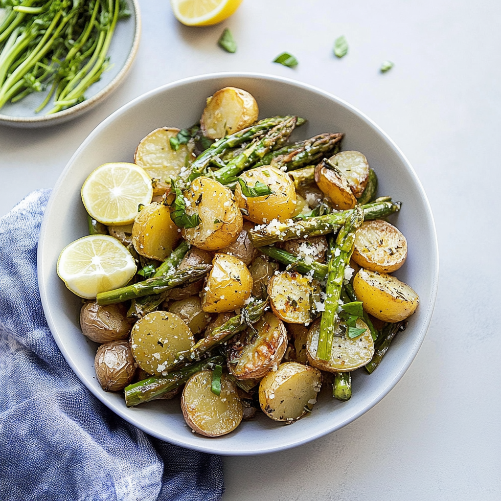 Recipe preparation for Lemon Roasted Potatoes and Asparagus