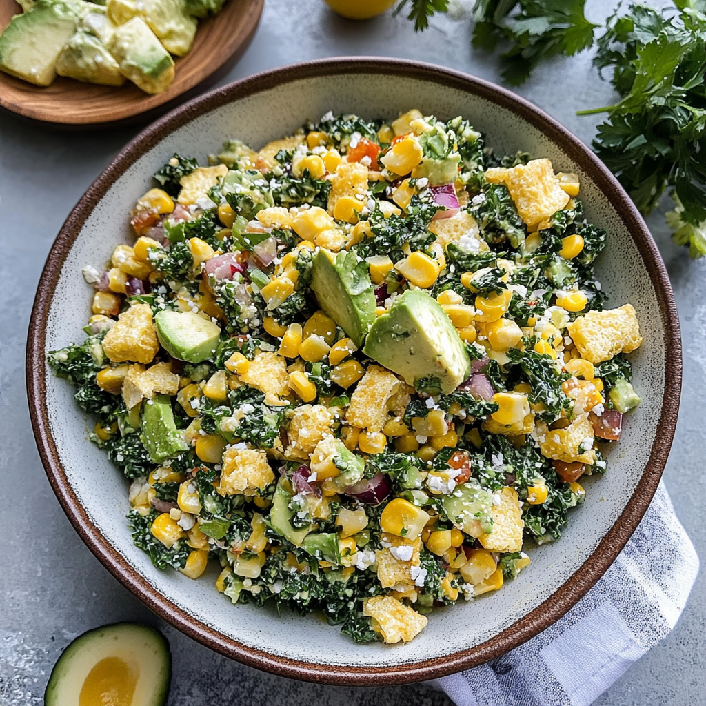 Recipe preparation for Mexican Street Corn Kale Salad