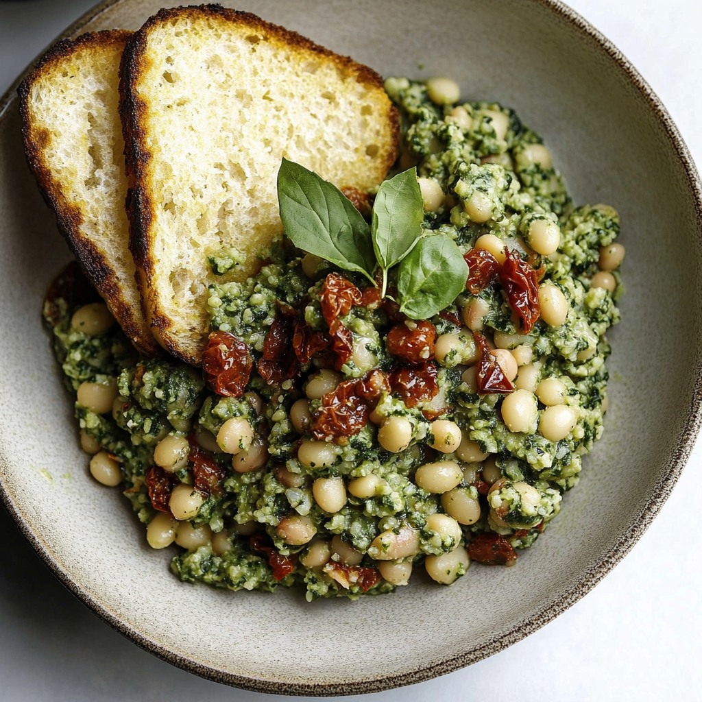 Recipe preparation for Spinach Pesto Butter Bean Lentil Quinoa Bowls with Sun-Dried Tomatoes