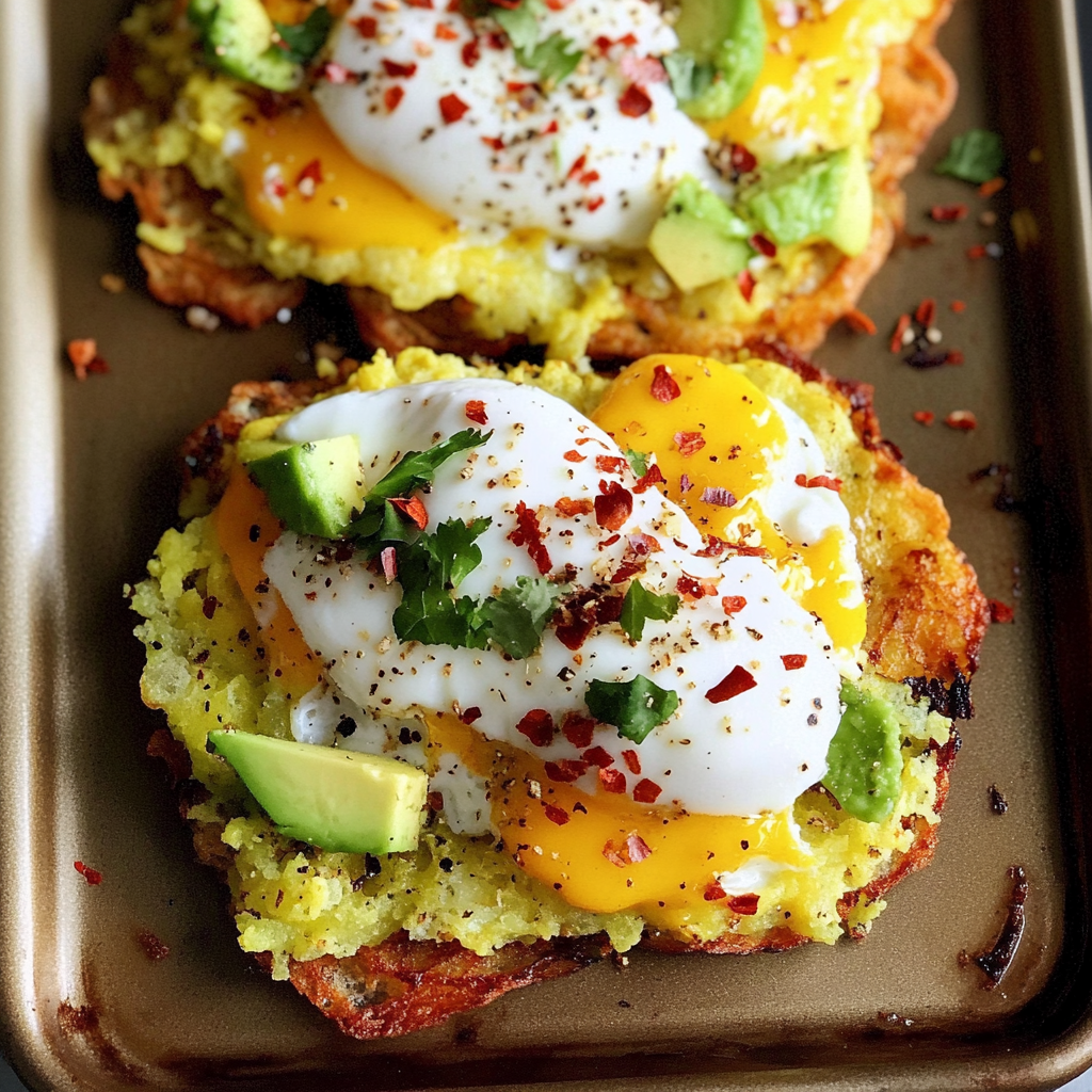 Recipe preparation for Loaded Hash Browns with Scrambled Eggs, Avocado, and Cottage Cheese