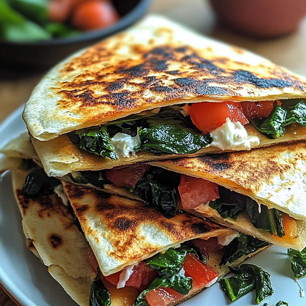 Recipe preparation for Mediterranean Quesadillas with Spinach