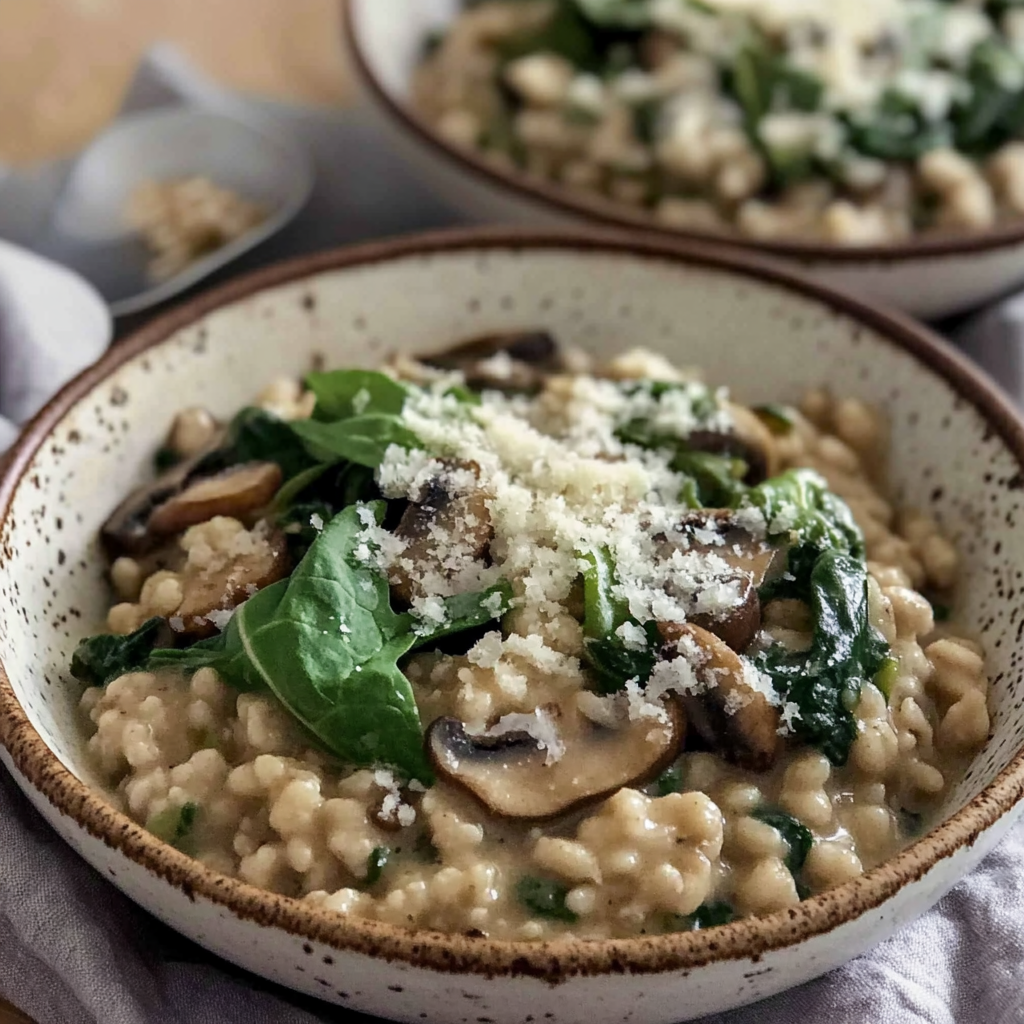 Recipe preparation for Creamy Spinach Mushroom Risotto
