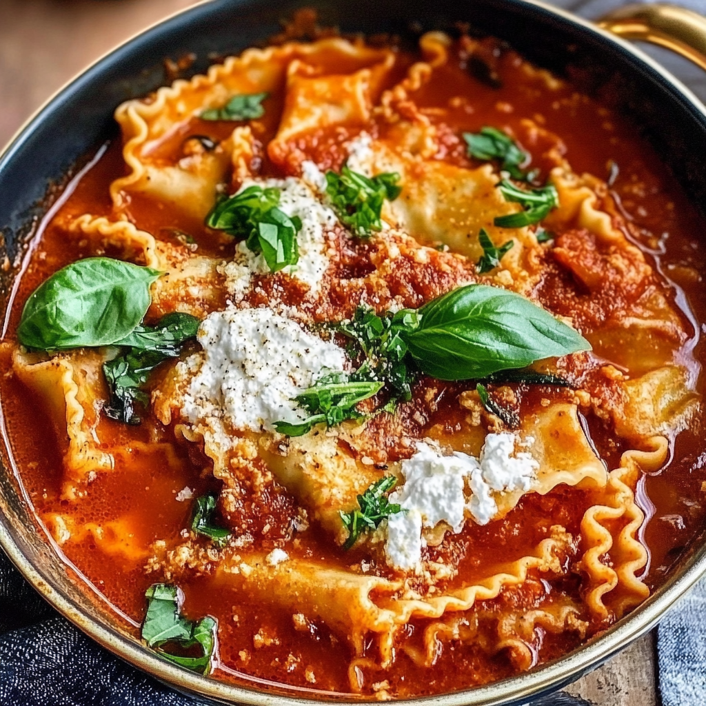 Recipe preparation for Cheesy Lasagna Soup