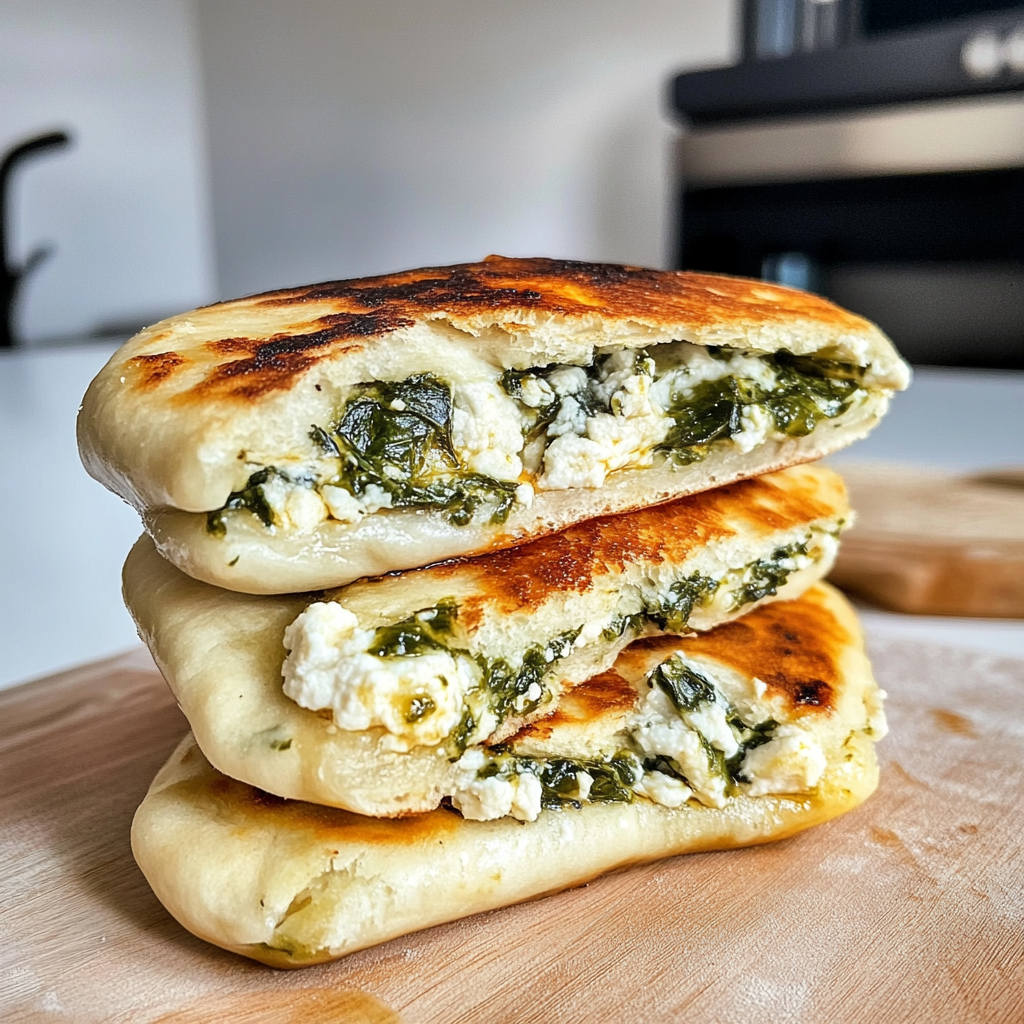 Recipe preparation for Cheesy Spinach Stuffed Flatbreads