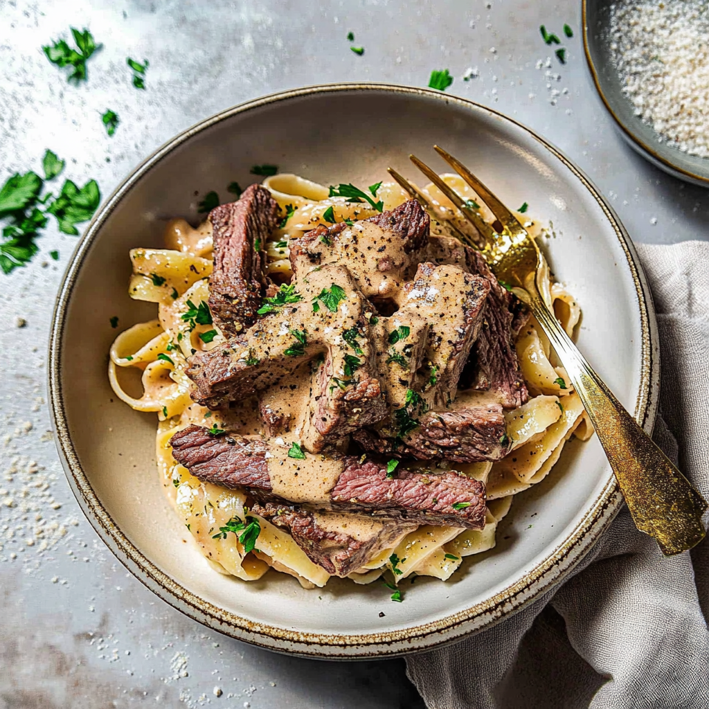 Recipe preparation for Creamy Steak Pasta