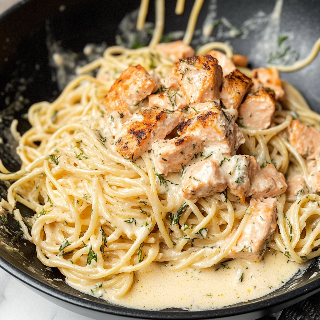 Recipe preparation for lemon dill salmon pasta
