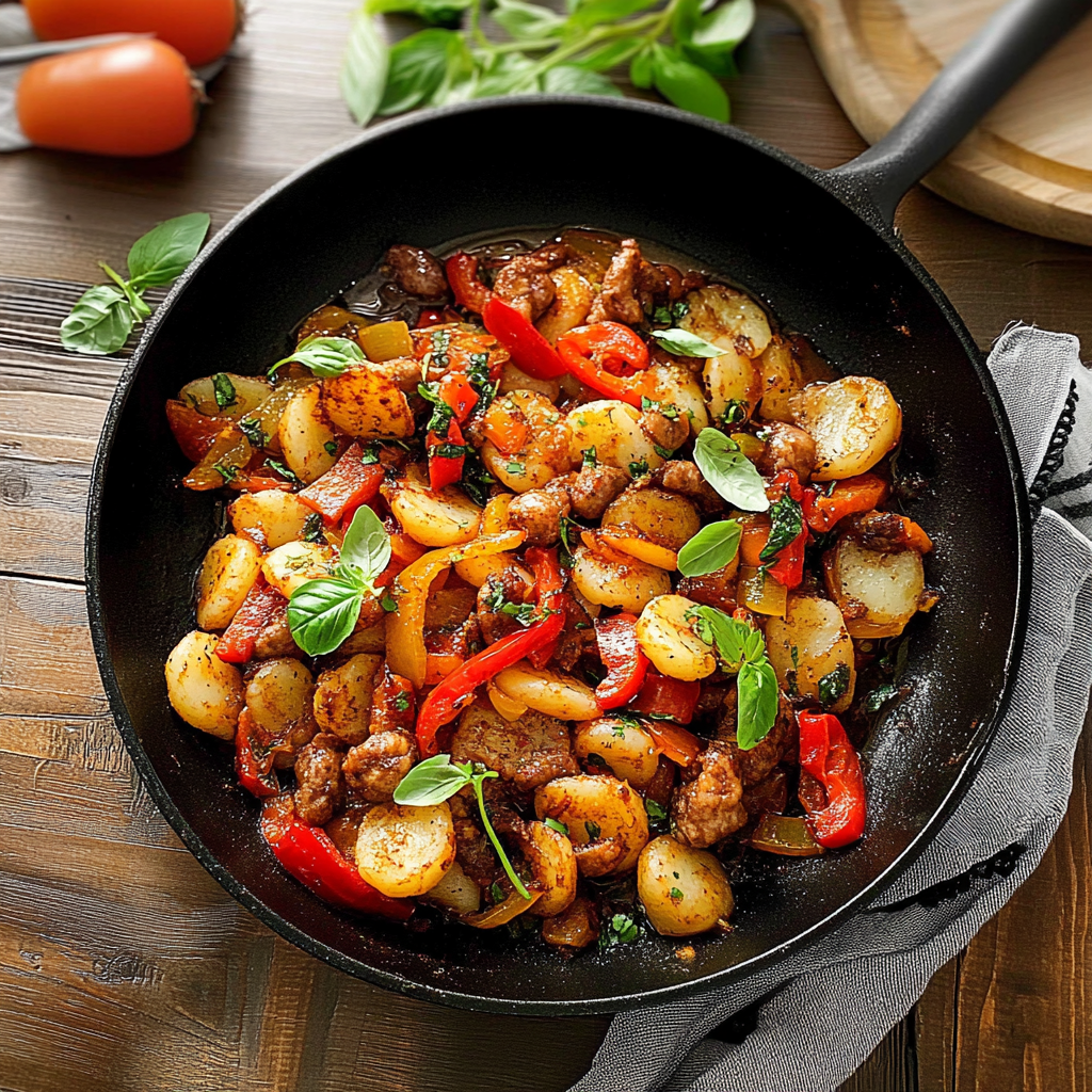 Recipe preparation for sausage and peppers gnocchi