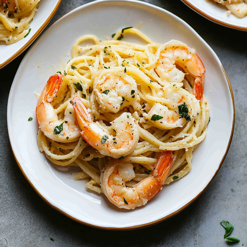 Recipe preparation for shrimp scampi with linguine