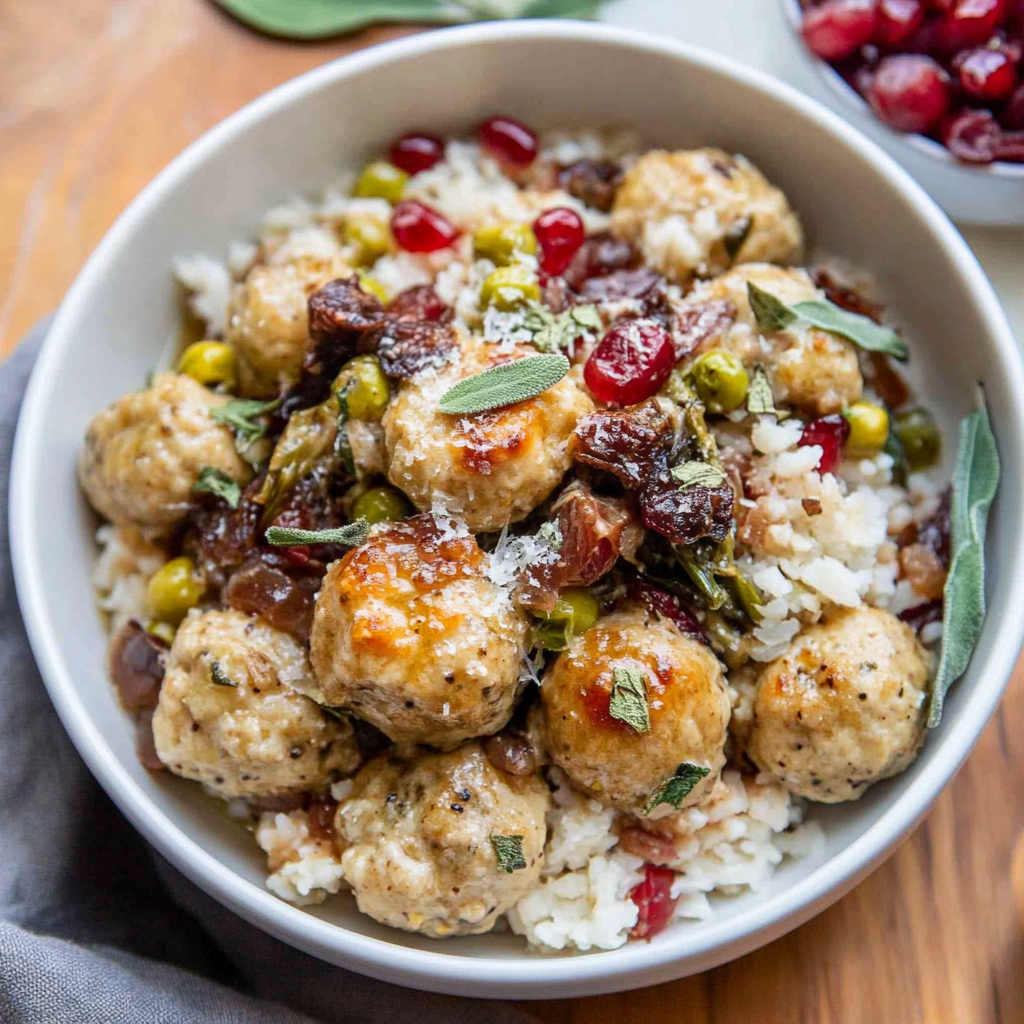 Recipe preparation for sage chicken meatballs wild rice bowls