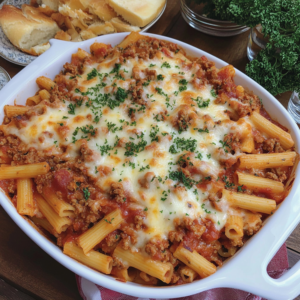 Recipe preparation for Cheesy Baked Ziti Pasta
