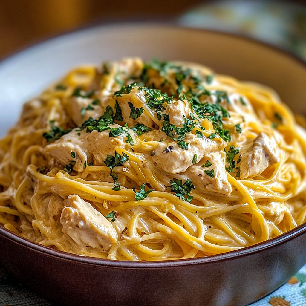 Recipe preparation for Creamy Crockpot Chicken Spaghetti