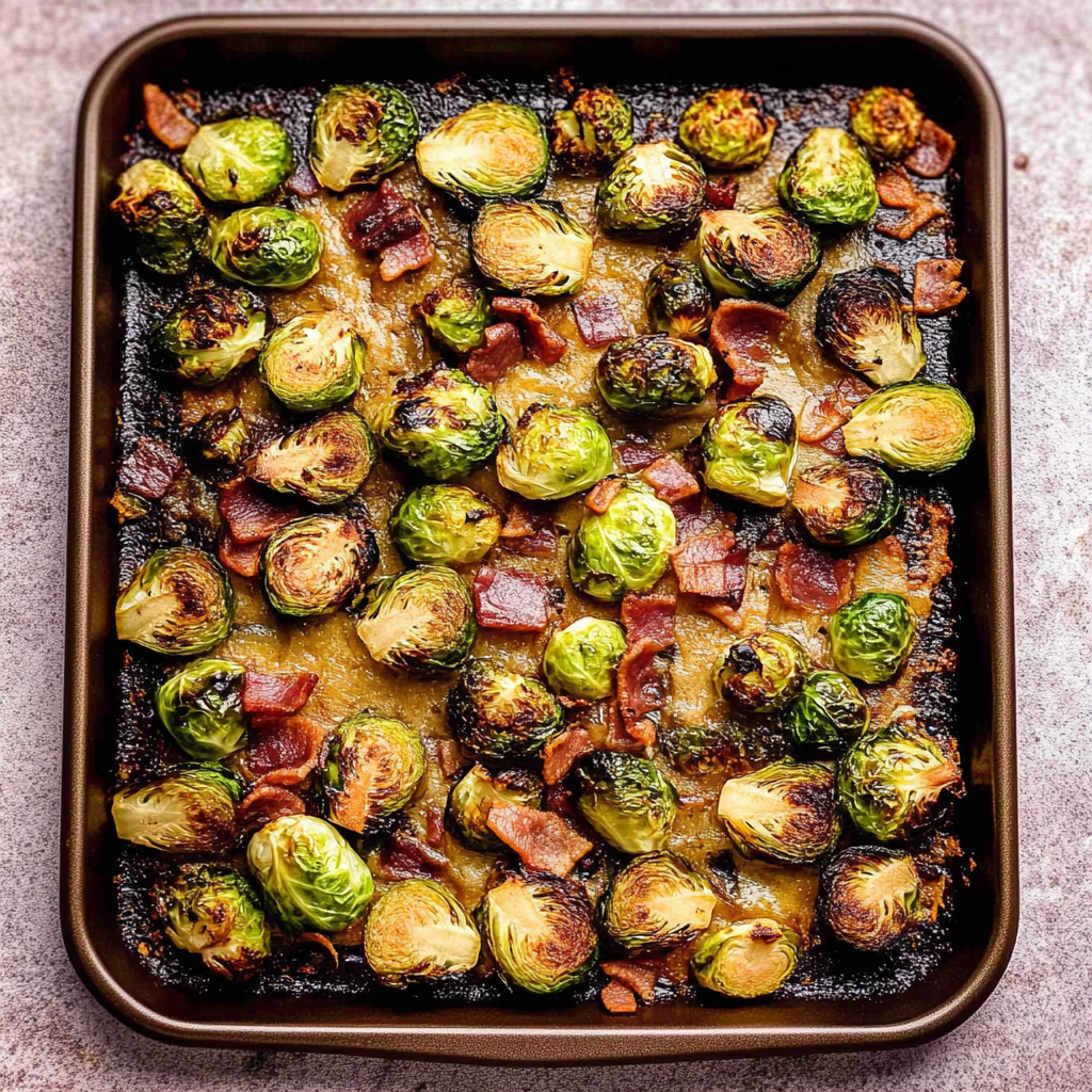 Recipe preparation for Balsamic Maple Roasted Brussels Sprouts with Bacon