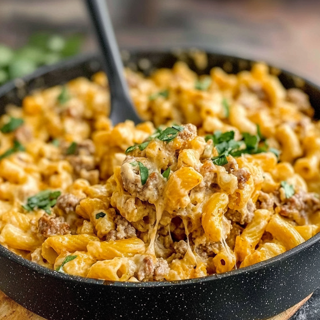 Recipe preparation for Cheesy Macaroni Hamburger Dish