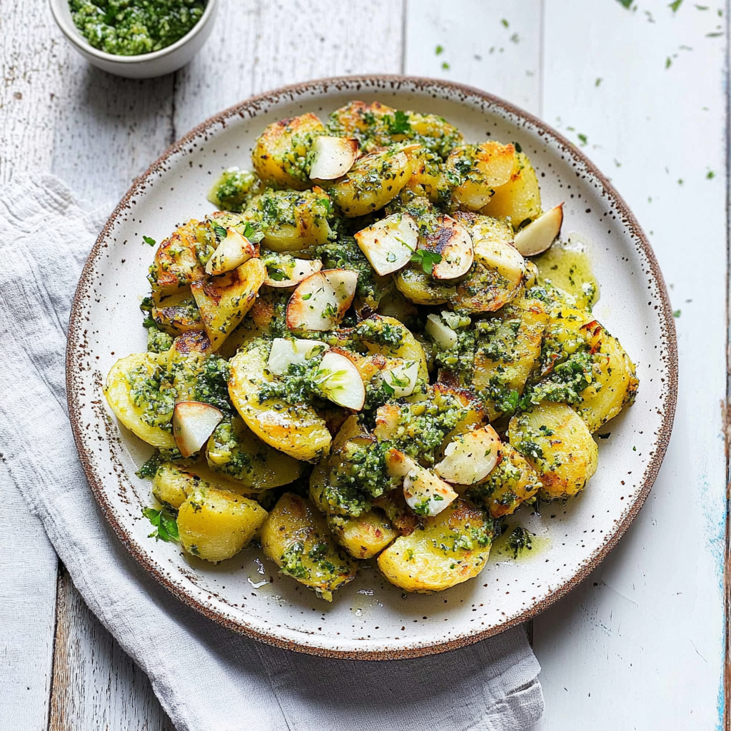 Recipe preparation for Crispy Smashed Potatoes With Garlic Pesto